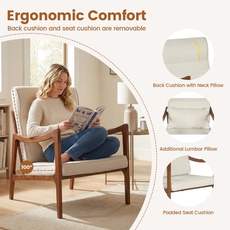 Modern Accent Chair with Solid Rubber Wood Faux Leather Upholstered Armchair-White