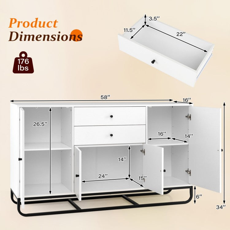 Modern Buffet Sideboard Cabinet with 2 Drawers & Adjustable Shelves for Dining Room, Kitchen & Living Room