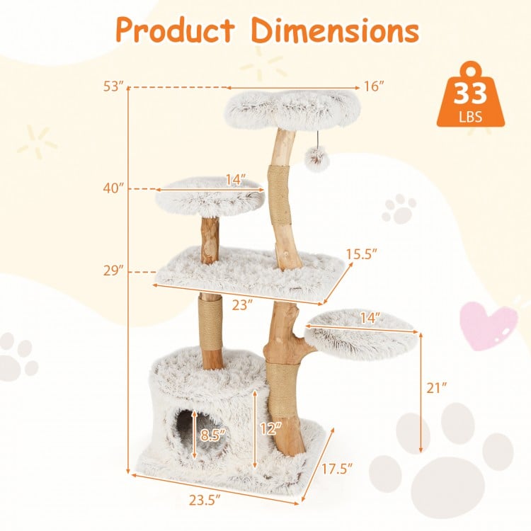 Modern Cat Tree 53 Inch Tall Natural Branch Wooden Cat Tower with Jute Scratching Posts-White