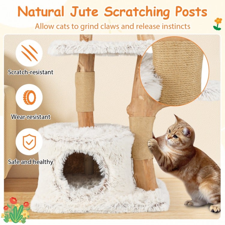 Modern Cat Tree 53 Inch Tall Natural Branch Wooden Cat Tower with Jute Scratching Posts-White
