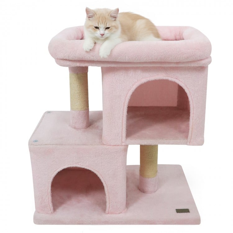 Modern Cat Tree Space-saving Cat Tower with Upholstered Perch and 2 Cat Condos-Pink