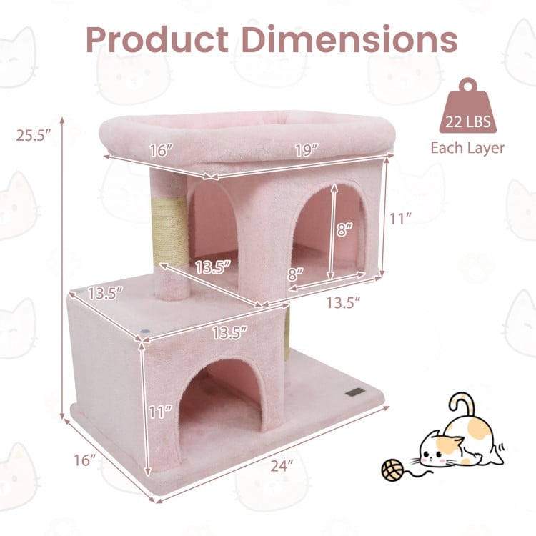 Modern Cat Tree Space-saving Cat Tower with Upholstered Perch and 2 Cat Condos-Pink