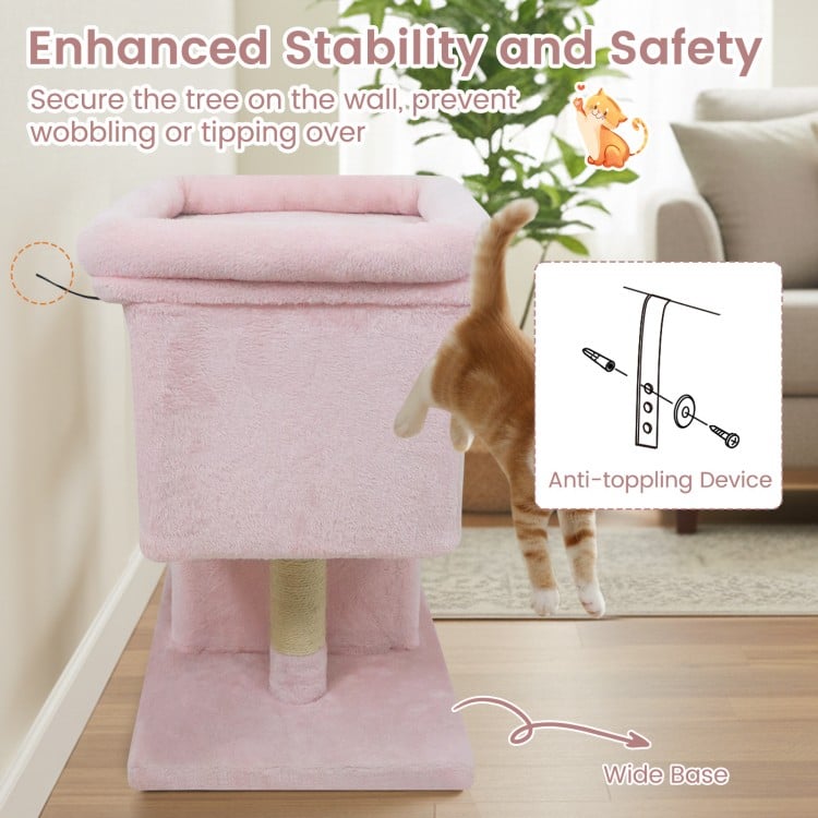 Modern Cat Tree Space-saving Cat Tower with Upholstered Perch and 2 Cat Condos-Pink