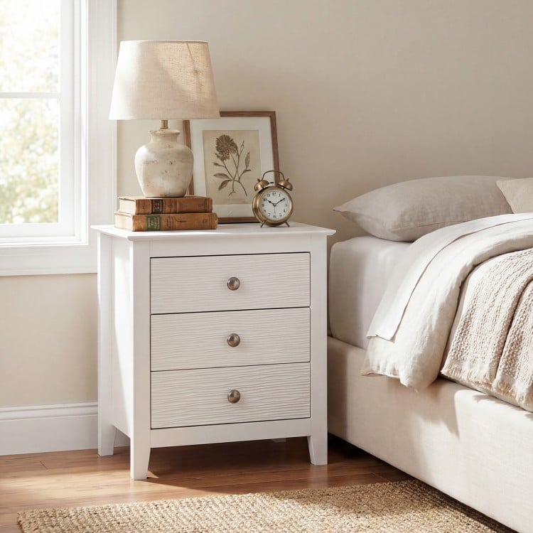Modern Farmhouse 3-Drawer NightStand with Wood Grain Accents and Sleek Knobs-White