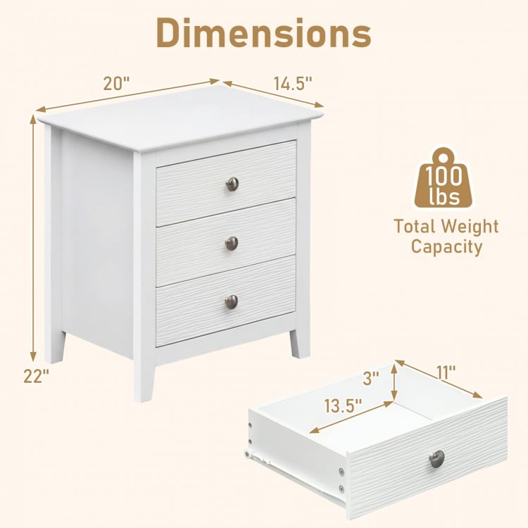 Modern Farmhouse 3-Drawer NightStand with Wood Grain Accents and Sleek Knobs-White