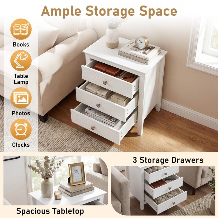 Modern Farmhouse 3-Drawer NightStand with Wood Grain Accents and Sleek Knobs-White