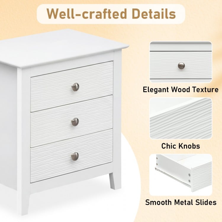 Modern Farmhouse 3-Drawer NightStand with Wood Grain Accents and Sleek Knobs-White