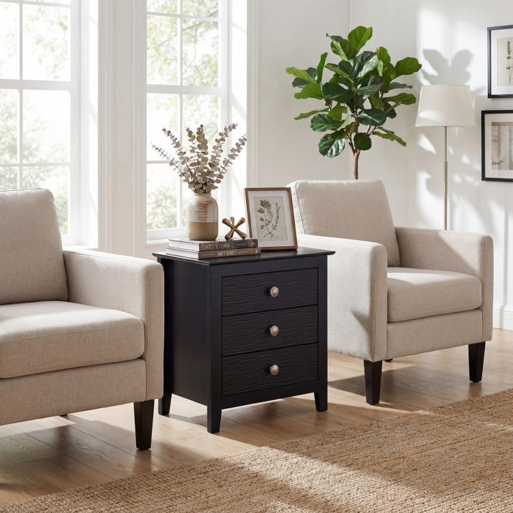 Modern Farmhouse 3-Drawer NightStand with Wood Grain Accents and Sleek Knobs-Black