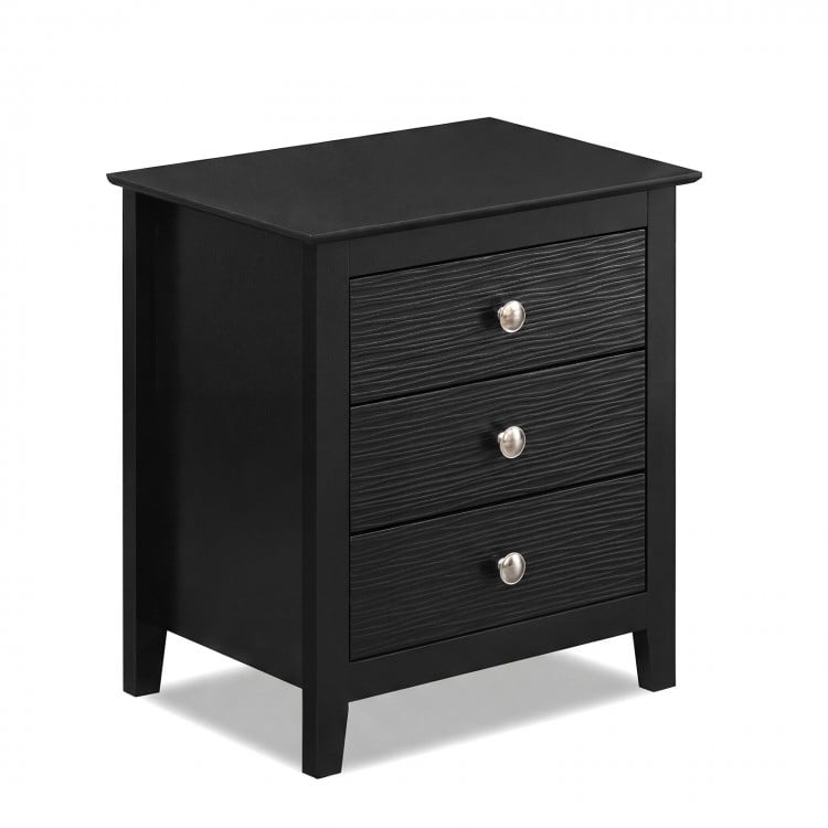 Modern Farmhouse 3-Drawer NightStand with Wood Grain Accents and Sleek Knobs-Black