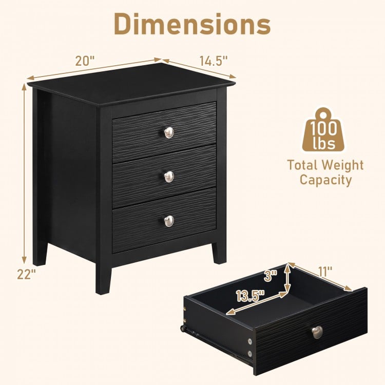 Modern Farmhouse 3-Drawer NightStand with Wood Grain Accents and Sleek Knobs-Black