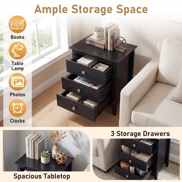 Modern Farmhouse 3-Drawer NightStand with Wood Grain Accents and Sleek Knobs-Black