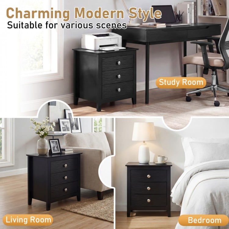 Modern Farmhouse 3-Drawer NightStand with Wood Grain Accents and Sleek Knobs-Black