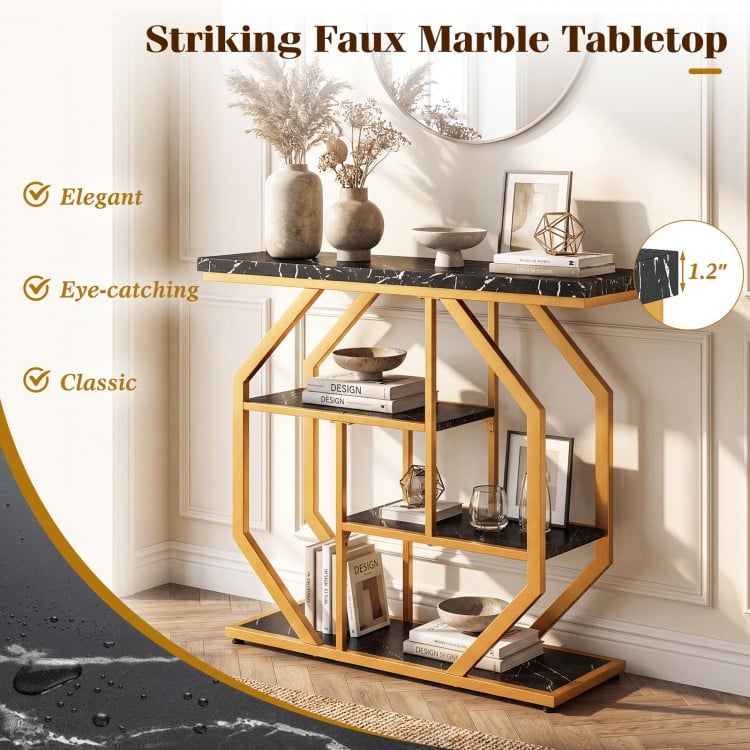 Modern Sofa Table Behind Couch 4-Tier Console Table with Faux Marble Tabletop-Black