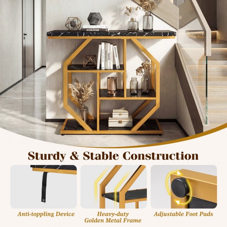 Modern Sofa Table Behind Couch 4-Tier Console Table with Faux Marble Tabletop-Black