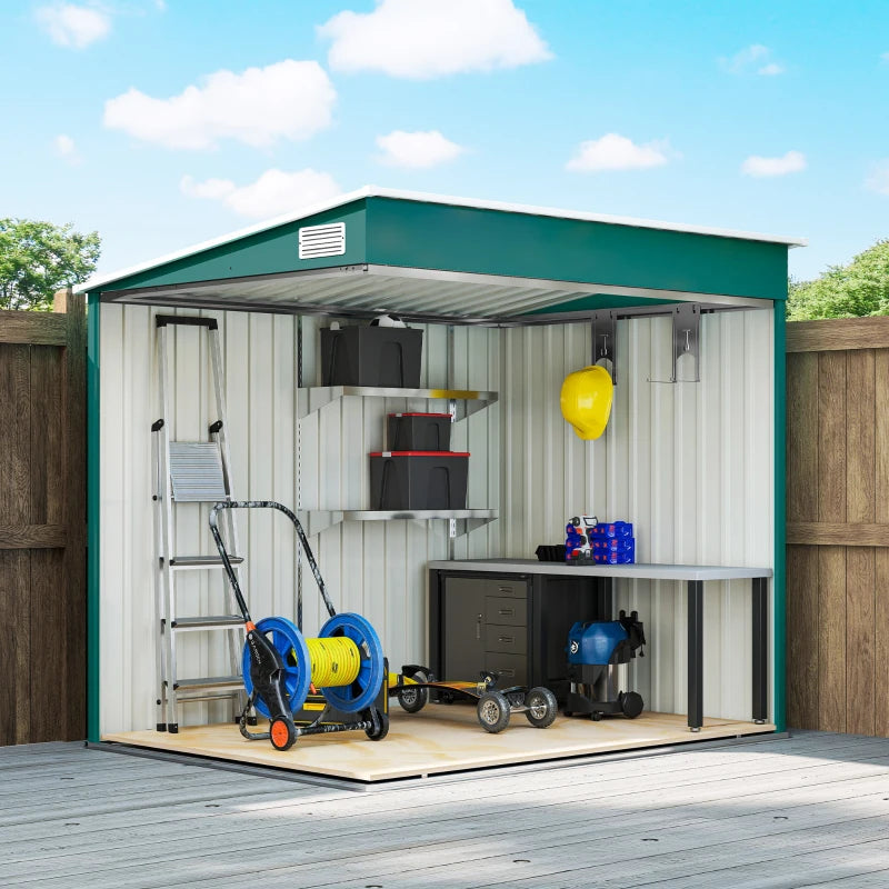 5'x7' Lean to Galvanized Metal Shed with Foundation, Garden Tool Storage House with Sliding Door and 2 Vents, Green