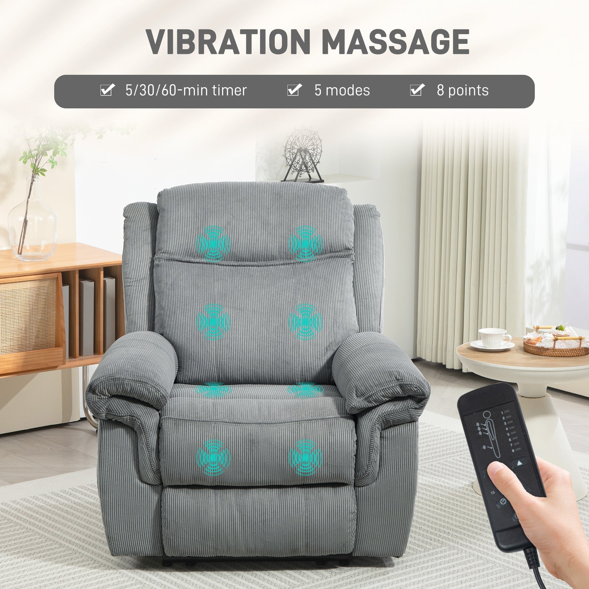 HOMCOM Manual Recliner Chair with Vibration Massage, Side Pockets, Corduroy Reclining Chair for Living Room, Grey 