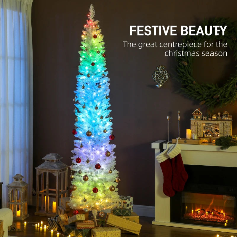 7.5ft Christmas Tree with Colourful DIY Synchronized LEDs, Hinged Pencil Xmas Tree with Remote, Daily Timer, White