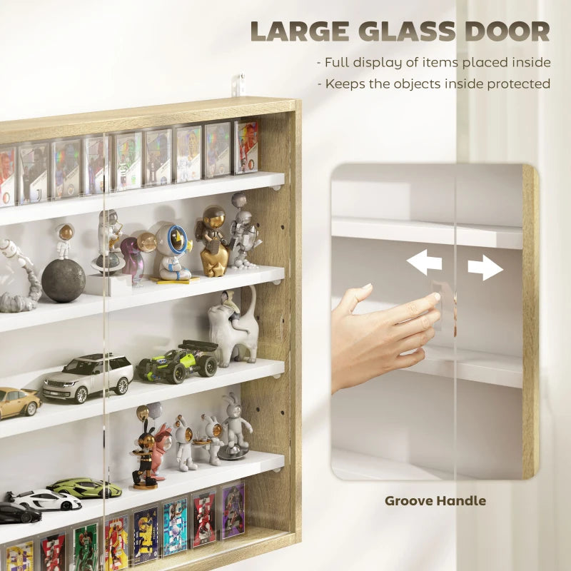 5-Tier Display Cabinet, Shot Glass Display Case, Glass Curio Cabinet with 2 Glass Doors and 4 Adjustable Shelves, Oak