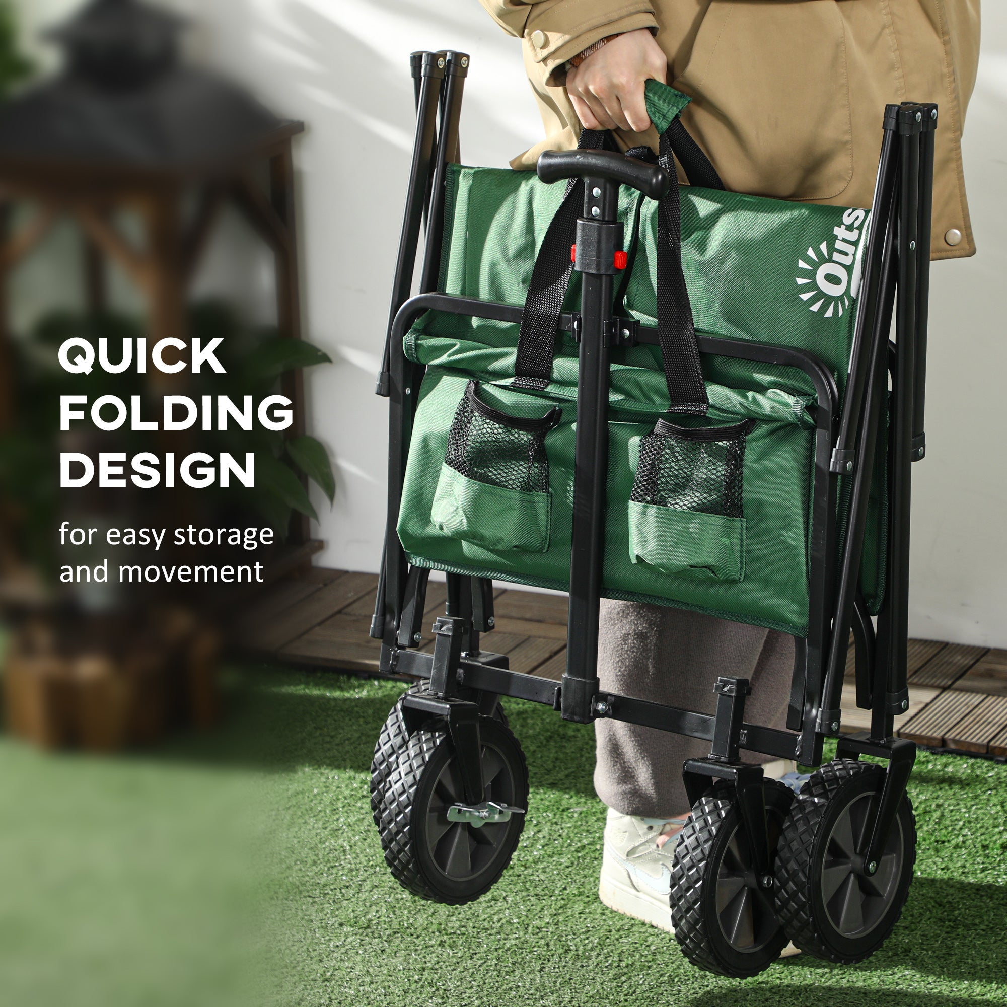 Outsunny Folding Wagon Garden Cart Collapsible Camping Trolley Steel Frame Oxford Fabric 