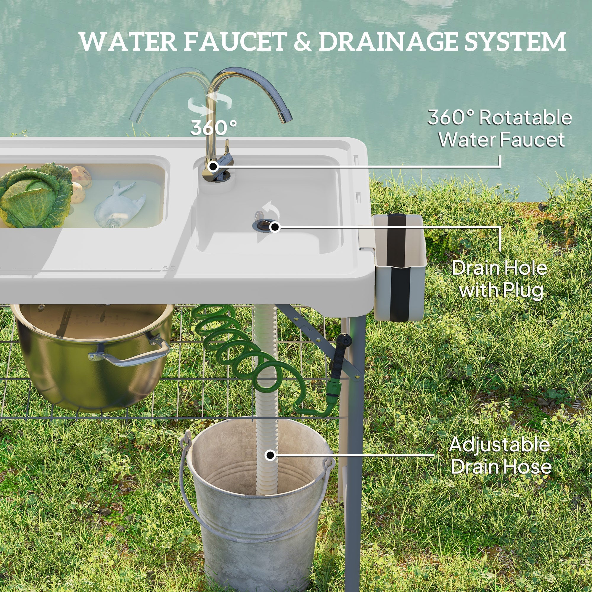 Outsunny Folding Fish Cleaning Table with Sinks, Camping Sink with Faucet Drainage Hose Sprayer Shelf Drawer Storage Basket, Outdoor Sink Station for Beach Patio Picnic, White 