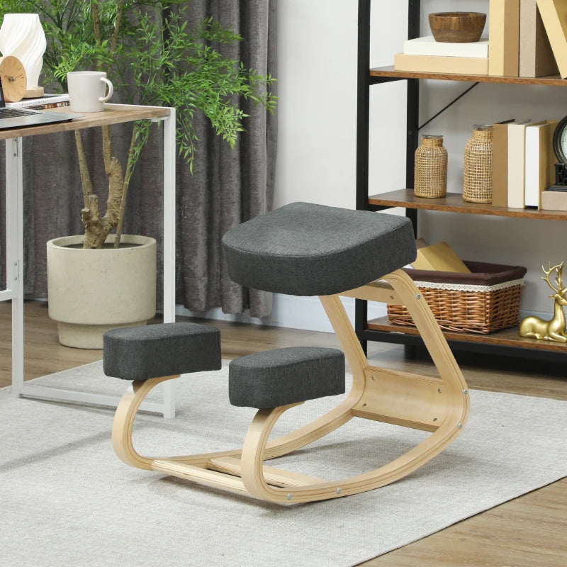 Ergonomic Kneeling Chair, Wood Kneel Stool with Thick Pads, Desk Knee Chair, Improve Posture, Dark Grey