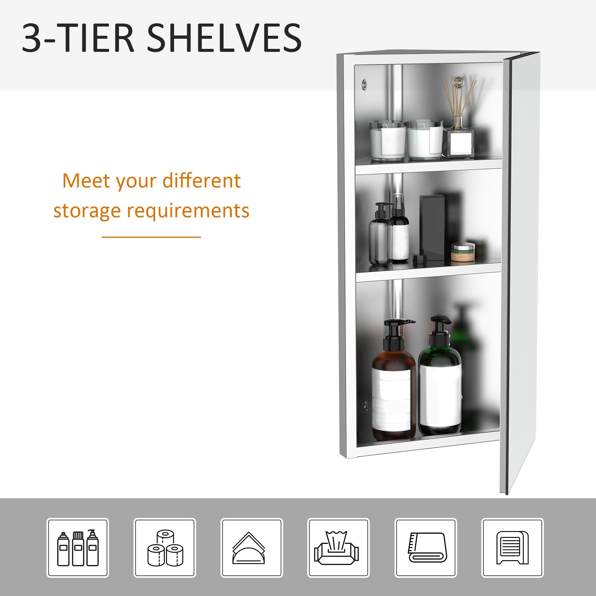 HOMCOM Sleek Corner Mirror Cabinet: Stainless Steel Wall Mounted Bathroom Storage with Single Door 