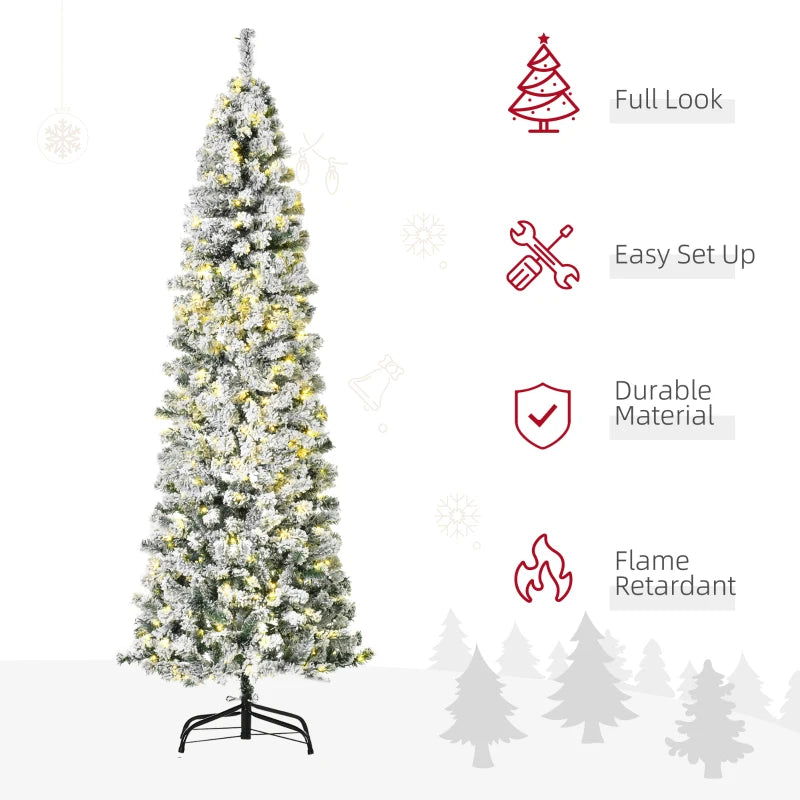 HOMCOM 7.5FT Prelit Snow Flocked Christmas Tree with Warm White LED Lights, Artificial Holiday Decoration 