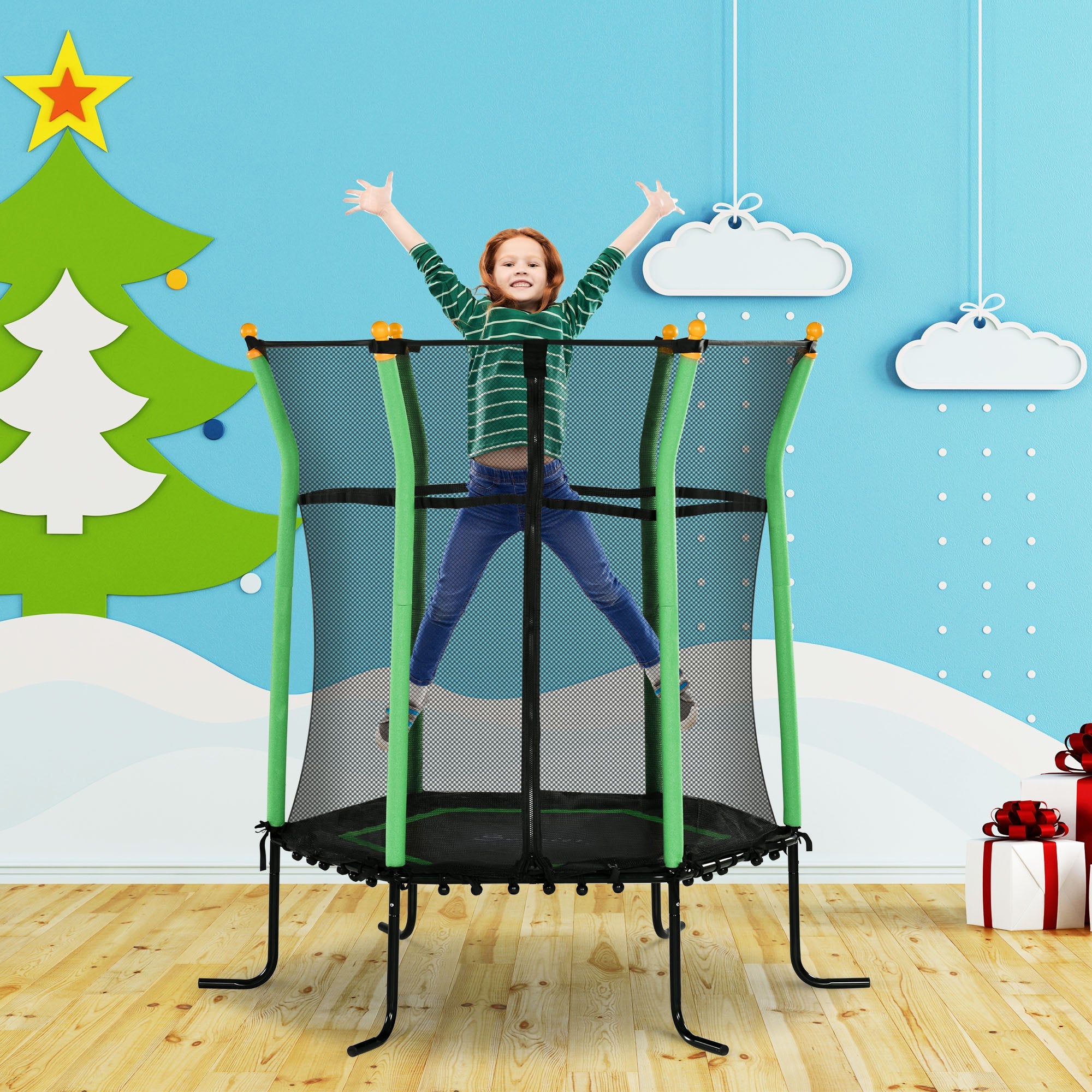 Soozier 64" Kids Trampoline Indoor/Outdoo with Enclosure Net Elastic Thick Padded Pole Gift for Ages 3-10 Years Old Green 