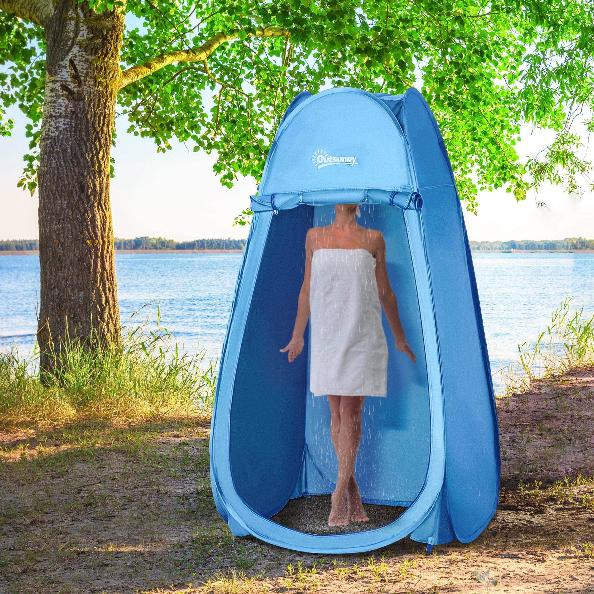 Outsunny Portable Pop Up Shower Tent Blue Dressing Changing Room Privacy Shelter for Camping Outdoor Beach 