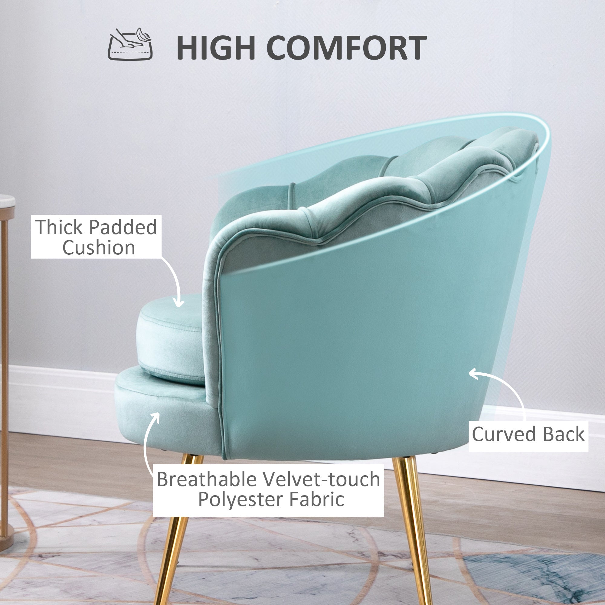 HOMCOM Velvet-Touch Fabric Accent Chair Modern Leisure Club Chair with Gold Metal Legs Green for Bedroom 