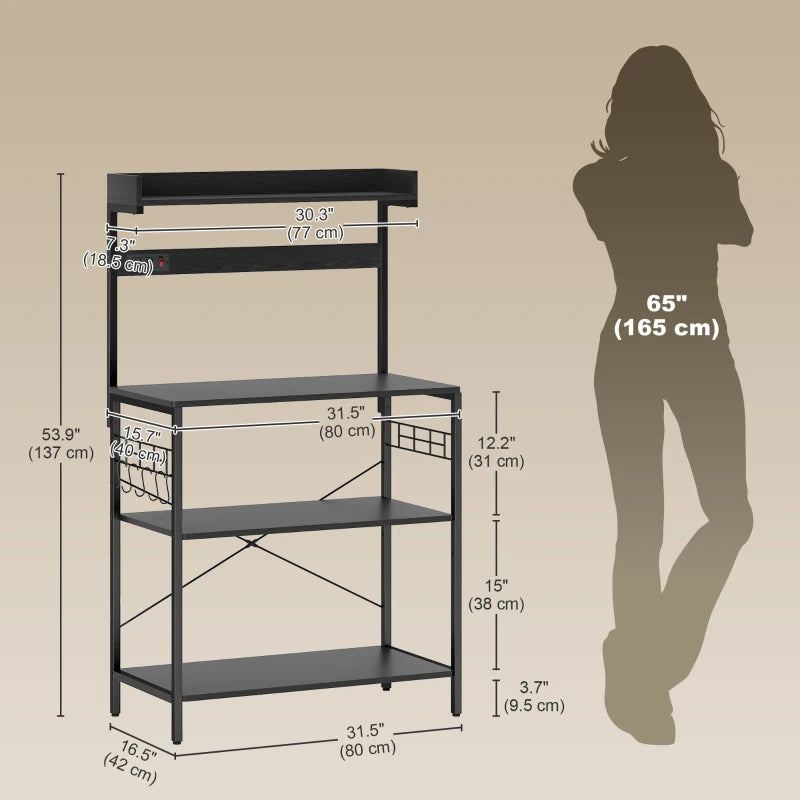 Kitchen Baker's Rack with Power Outlet, Coffee Bar Station with Adjustable Shelves and Hooks, Rustic Brown
