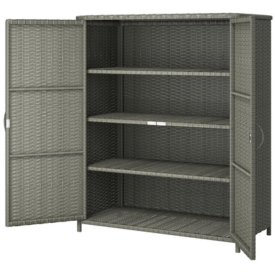 Outsunny Wicker Outdoor Storage Cabinet, Pool Storage Organizer with 4 Shelves and 2 Doors for Garden, Backyard, Dark Grey 