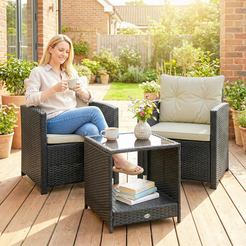 Outdoor Bistro Set, 3 Piece Wicker Patio Furniture Set with 2-Tier Glass Top Table, Cushions for Porch, Balcony, Beige