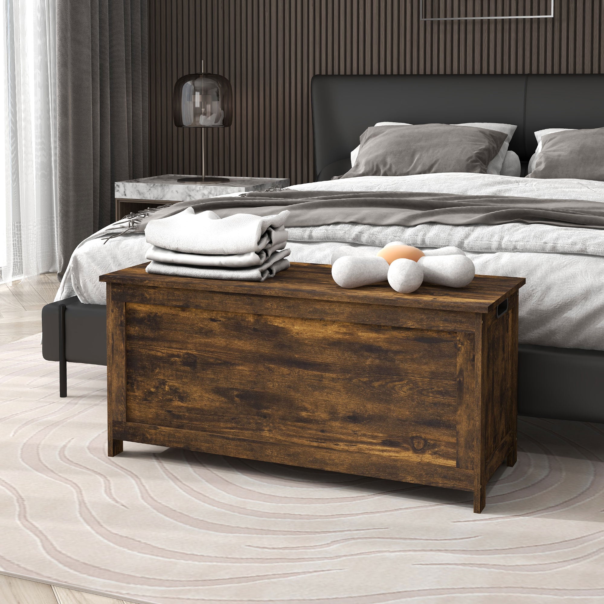 HOMCOM Storage Trunk with 2 Safety Hinges, Modern Entryway Bench with Side Handles, Storage Chest for Living Room, Rustic Brown 