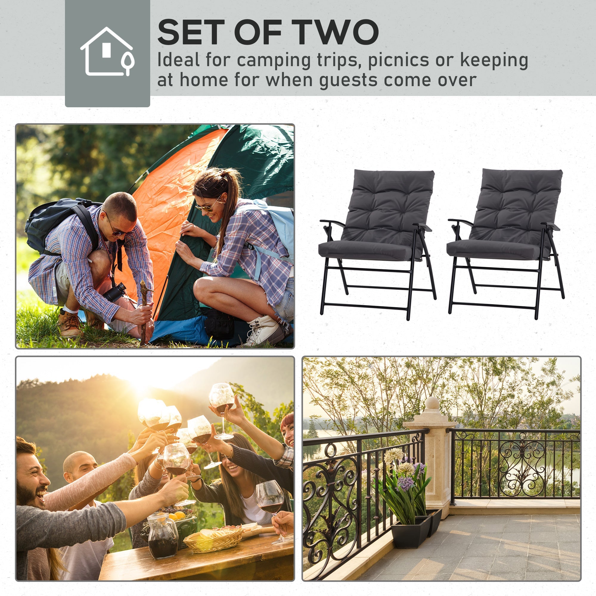 Outsunny Padded Folding Chair Set of 2 with Adjustable Backrest for Outdoor Camping Grey 