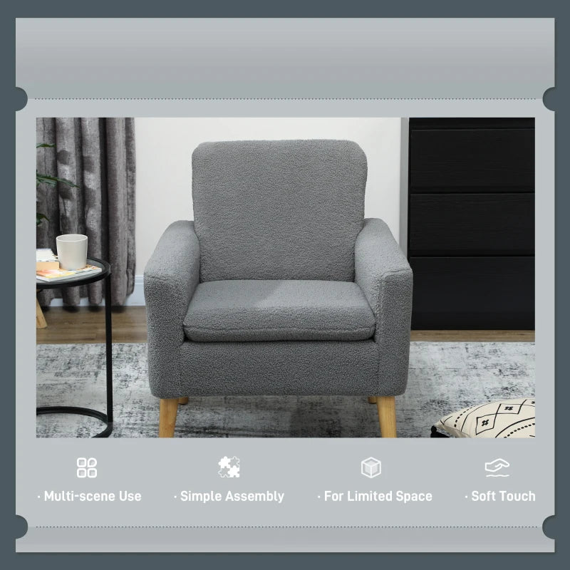 Fabric Accent Chair, Modern Upholstered Armchair with Wood Legs and Wide Padded Seat, Grey