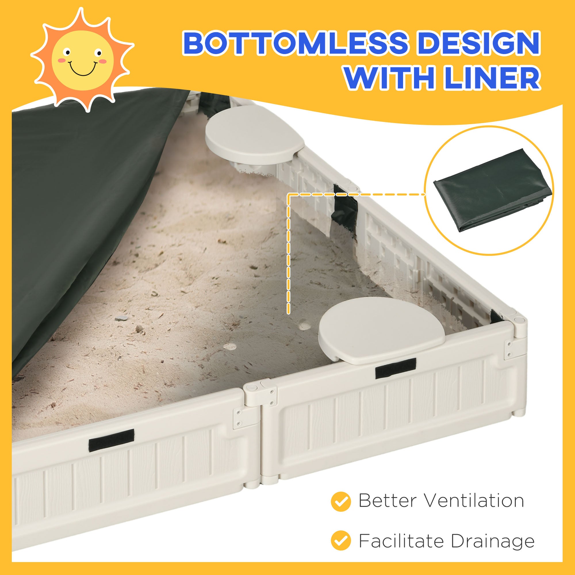 Outsunny Sandbox with Canopy for Kids Outdoor Play Area with Bottom Liner Protective Shade Cream White 
