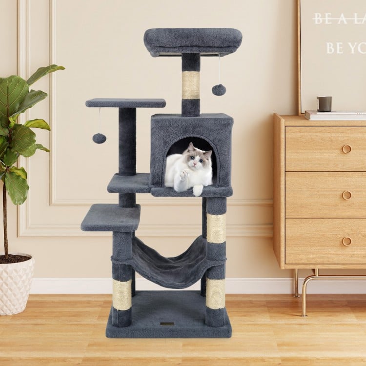 Multi-Level Cat Tower with 2-Door Condo and Padded Top Perch-Gray
