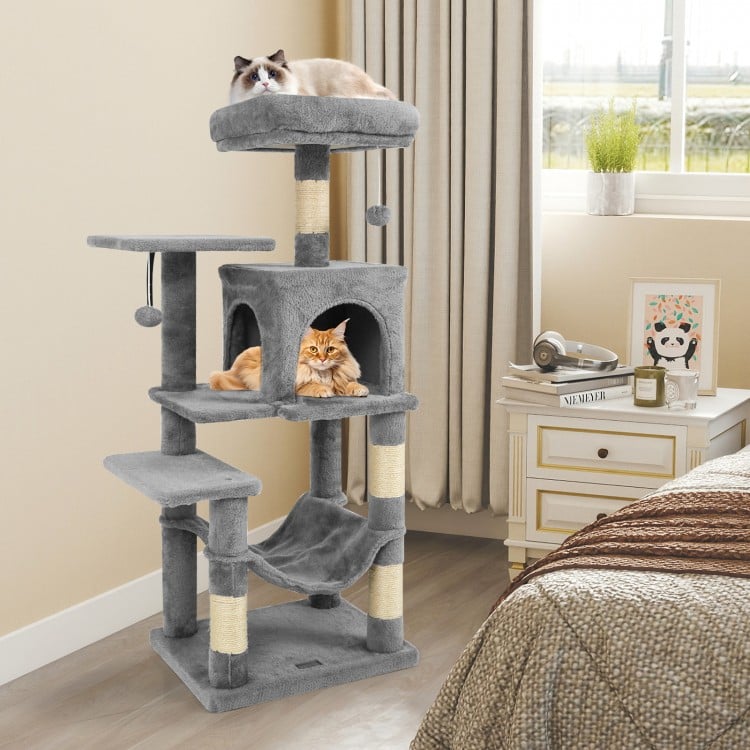 Multi-Level Cat Tower with 2-Door Condo and Padded Top Perch-Light Gray