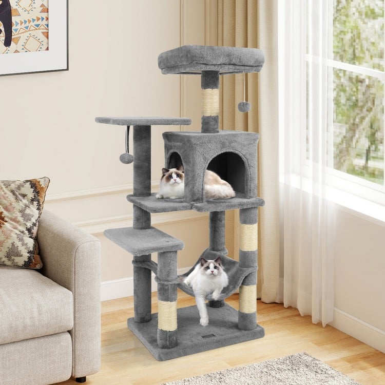 Multi-Level Cat Tower with 2-Door Condo and Padded Top Perch-Light Gray