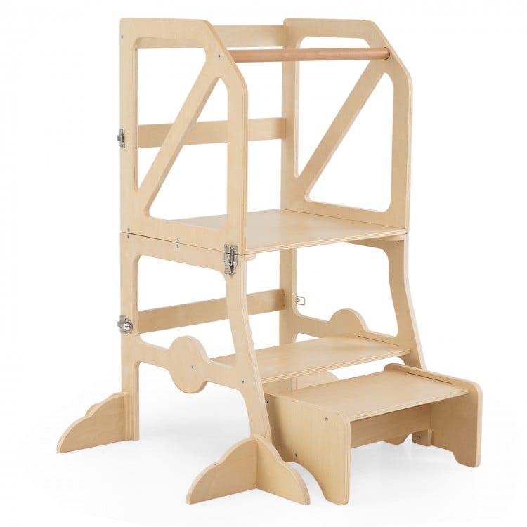 Multifunctional Kids Kitchen Step Stool with Removable Safety Bar and Fixing Buckles