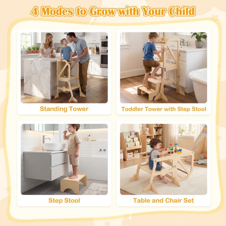 Multifunctional Kids Kitchen Step Stool with Removable Safety Bar and Fixing Buckles