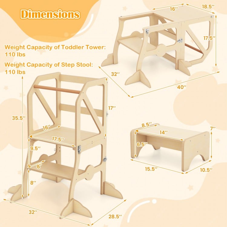 Multifunctional Kids Kitchen Step Stool with Removable Safety Bar and Fixing Buckles