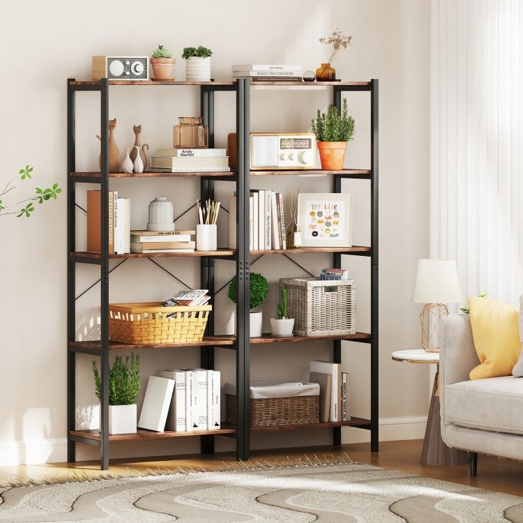5-Tier Industrial Bookshelf Display Storage Rack with Metal Frame-Gray