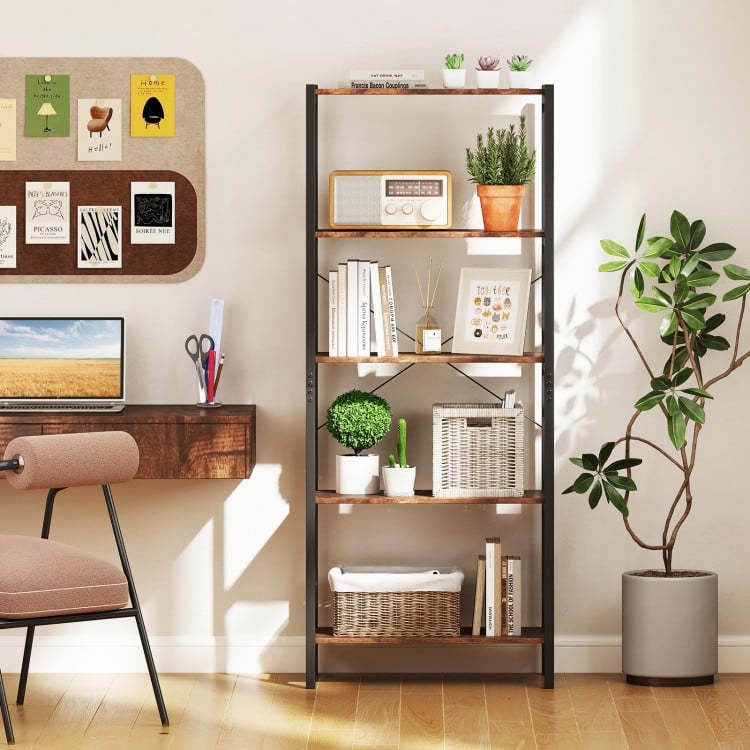 5-Tier Industrial Bookshelf Display Storage Rack with Metal Frame-Gray