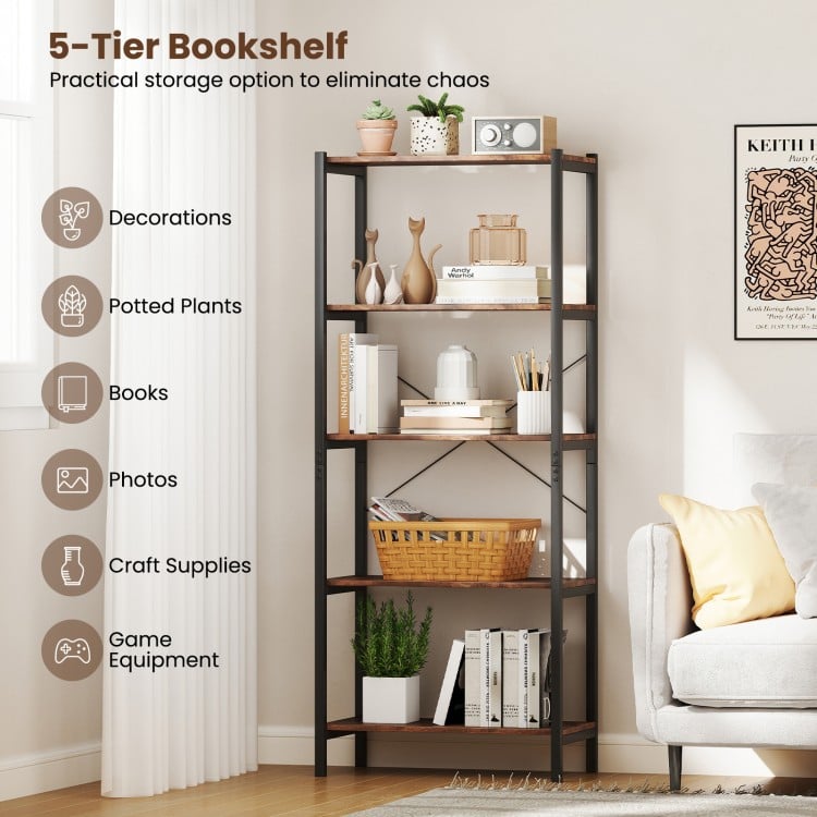 5-Tier Industrial Bookshelf Display Storage Rack with Metal Frame-Gray
