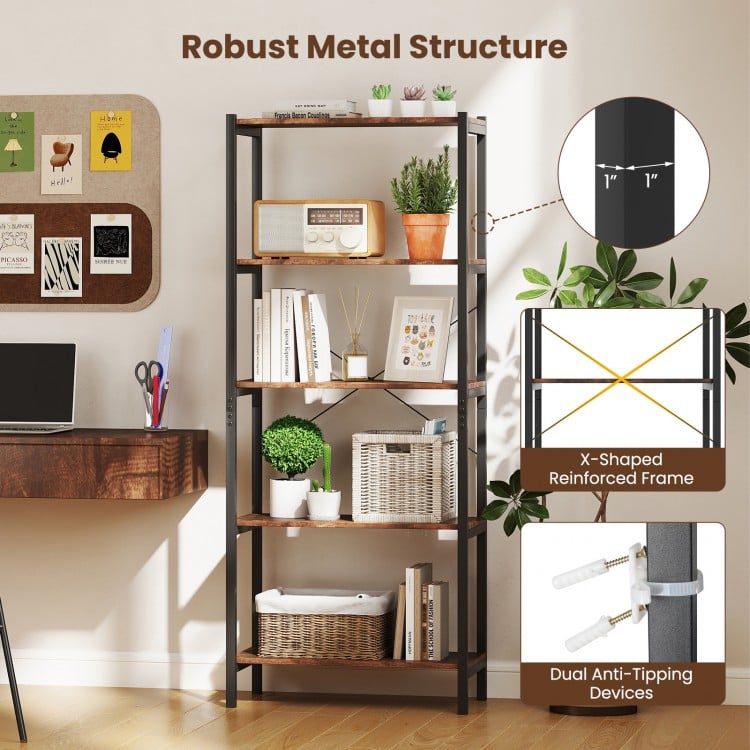 5-Tier Industrial Bookshelf Display Storage Rack with Metal Frame-Gray