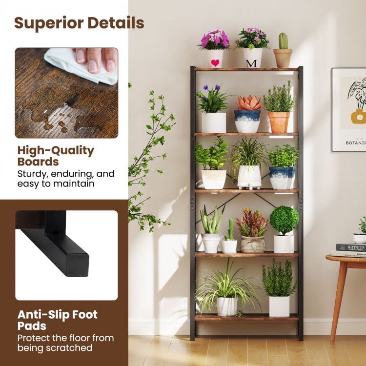 5-Tier Industrial Bookshelf Display Storage Rack with Metal Frame-Gray