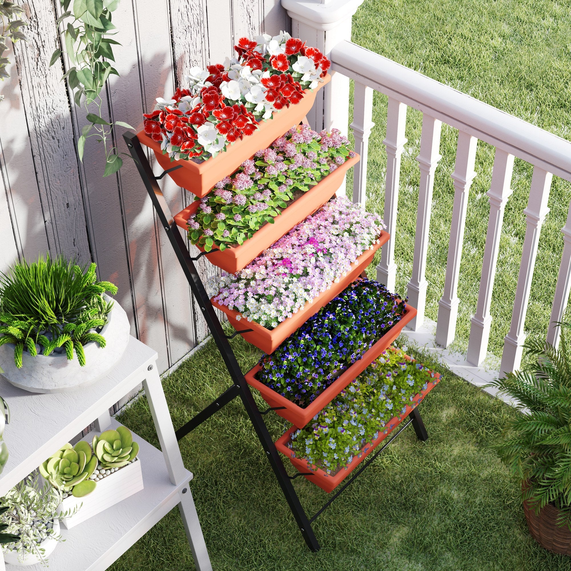 Outsunny 5-Tier Raised Garden Bed Plant Stand Flower Pots with Leaking Holes Red 