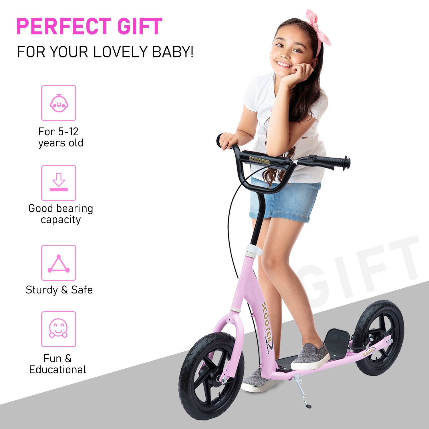 HOMCOM Kids Pro Stunt Scooter: Adjustable, 12" Tire, Street Design, Pink 